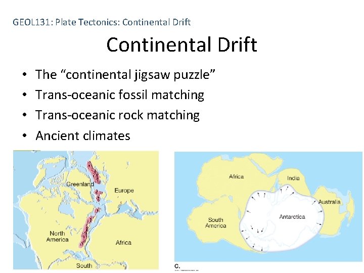 GEOL 131: Plate Tectonics: Continental Drift • • The “continental jigsaw puzzle” Trans-oceanic fossil