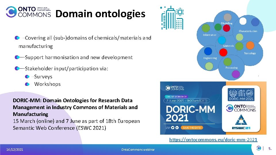 Domain ontologies Covering all (sub-)domains of chemicals/materials and manufacturing Support harmonisation and new development Domain ontologies Covering all (sub-)domains of chemicals/materials and manufacturing Support harmonisation and new development