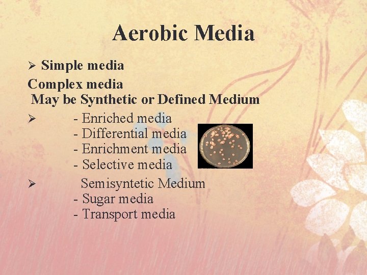 Aerobic Media Simple media Complex media May be Synthetic or Defined Medium Ø -