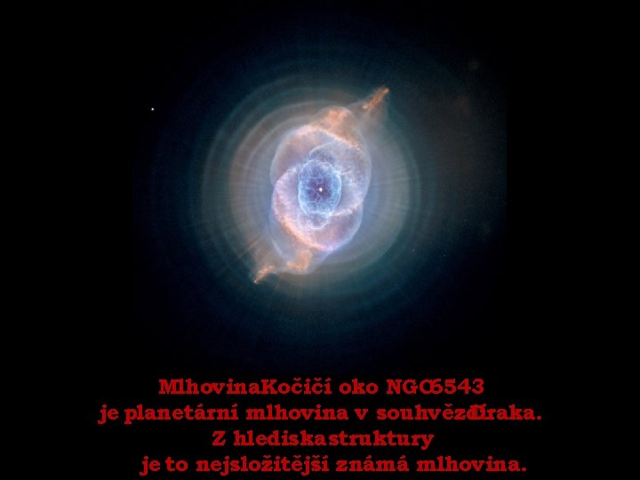 Mlhovina. Kočičí oko NGC 6543 je planetární mlhovina v souhvězdí Draka. Z hlediska struktury