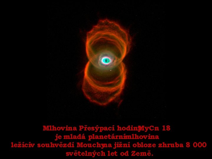 Mlhovina Přesýpací hodiny My. Cn 18 je mladá planetárnímlhovina ležícív souhvězdí Mouchyna jižní obloze