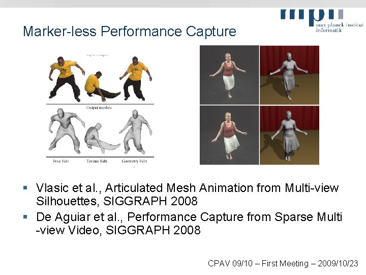 Marker-less Performance Capture § Vlasic et al. , Articulated Mesh Animation from Multi-view Silhouettes,