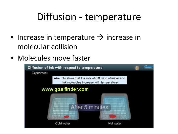 Diffusion - temperature • Increase in temperature increase in molecular collision • Molecules move Diffusion - temperature • Increase in temperature increase in molecular collision • Molecules move