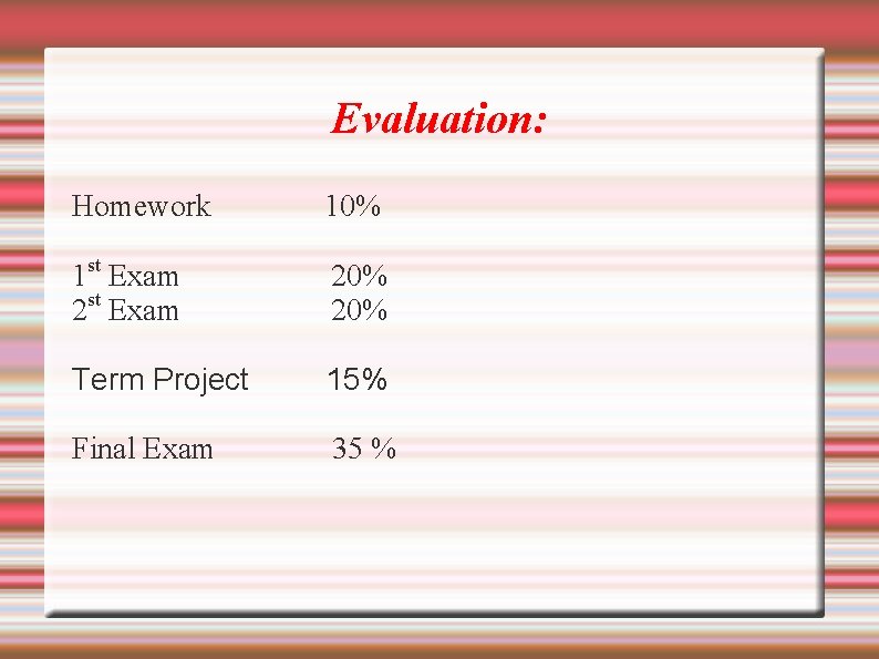 Evaluation: Homework 10% 1 st Exam 20% 20% Term Project 15% Final Exam 35