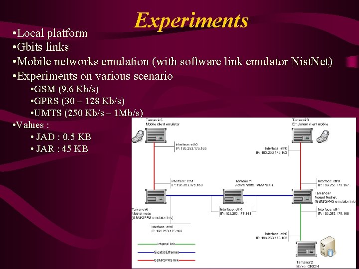 Experiments • Local platform • Gbits links • Mobile networks emulation (with software link