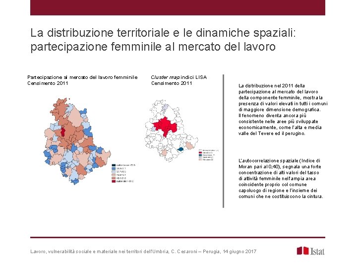 La distribuzione territoriale e le dinamiche spaziali: partecipazione femminile al mercato del lavoro Partecipazione