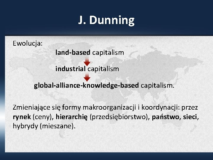 J. Dunning Ewolucja: land-based capitalism industrial capitalism global-alliance-knowledge-based capitalism. Zmieniające się formy makroorganizacji i