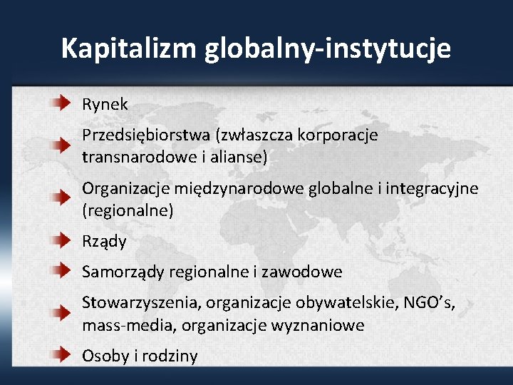 Kapitalizm globalny-instytucje Rynek Przedsiębiorstwa (zwłaszcza korporacje transnarodowe i alianse) Organizacje międzynarodowe globalne i integracyjne