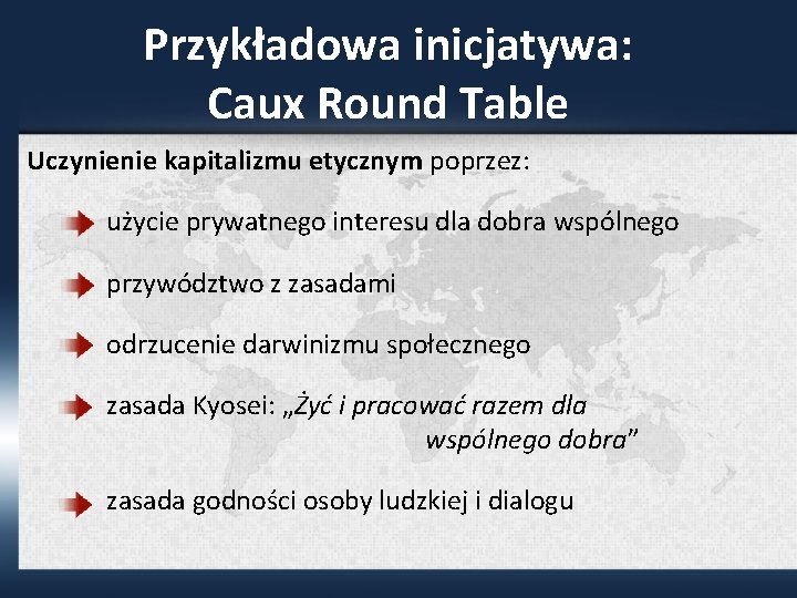 Przykładowa inicjatywa: Caux Round Table Uczynienie kapitalizmu etycznym poprzez: użycie prywatnego interesu dla dobra