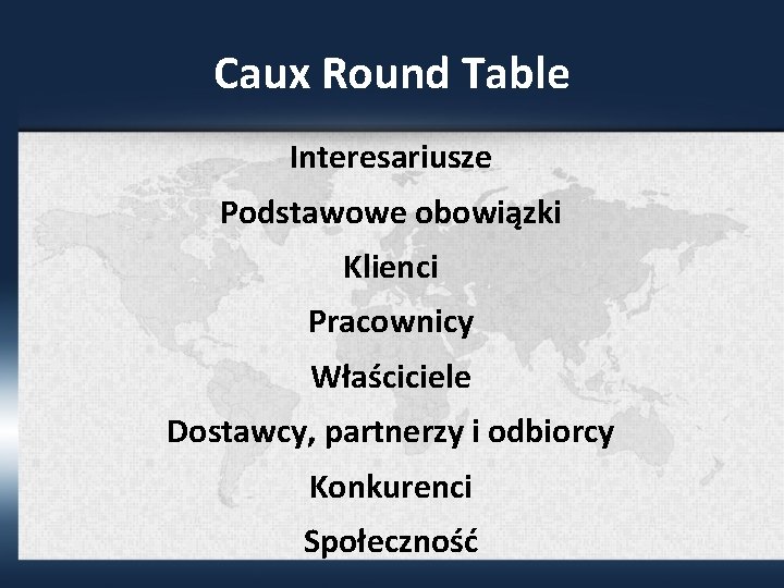 Caux Round Table Interesariusze Podstawowe obowiązki Klienci Pracownicy Właściciele Dostawcy, partnerzy i odbiorcy Konkurenci