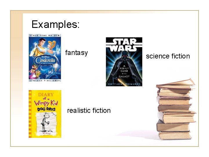 Examples: fantasy realistic fiction science fiction 