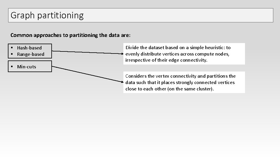 Graph partitioning Common approaches to partitioning the data are: § Hash-based § Range-based Divide Graph partitioning Common approaches to partitioning the data are: § Hash-based § Range-based Divide