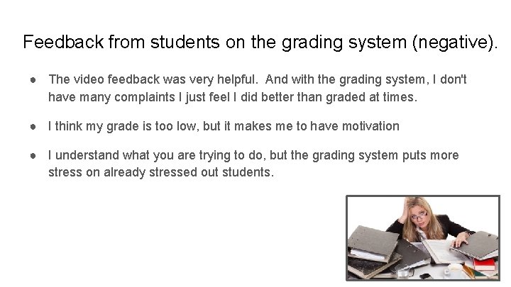 Feedback from students on the grading system (negative). ● The video feedback was very