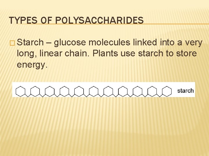 TYPES OF POLYSACCHARIDES � Starch – glucose molecules linked into a very long, linear
