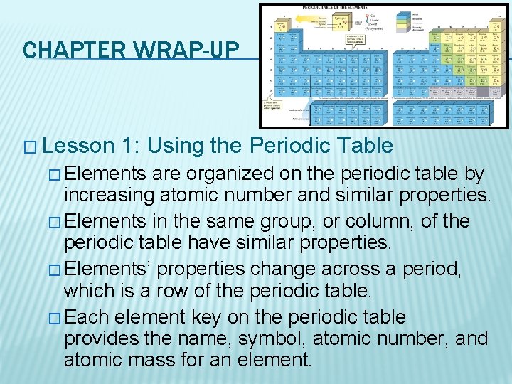 CHAPTER WRAP-UP � Lesson 1: Using the Periodic Table � Elements are organized on