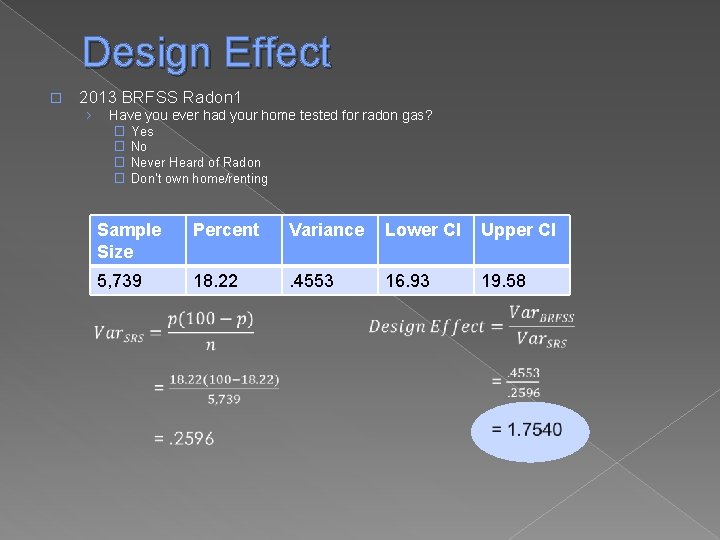 Design Effect � 2013 BRFSS Radon 1 › Have you ever had your home