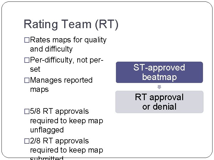 Rating Team (RT) �Rates maps for quality and difficulty �Per-difficulty, not perset �Manages reported Rating Team (RT) �Rates maps for quality and difficulty �Per-difficulty, not perset �Manages reported
