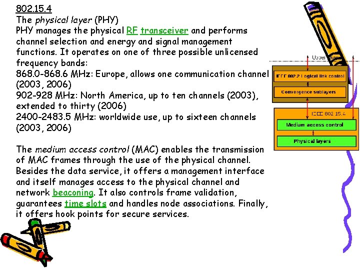 802. 15. 4 The physical layer (PHY) PHY manages the physical RF transceiver and