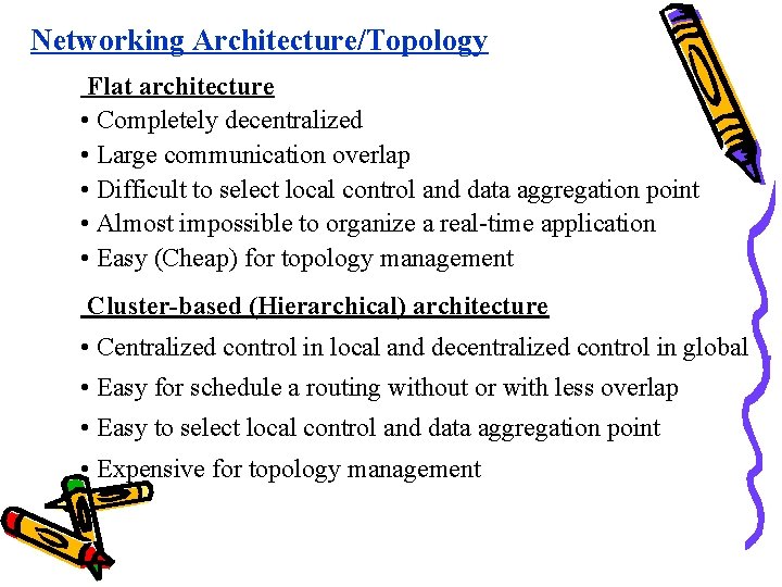 Networking Architecture/Topology Flat architecture • Completely decentralized • Large communication overlap • Difficult to