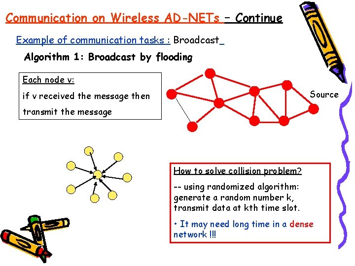 Communication on Wireless AD-NETs – Continue Example of communication tasks : Broadcast Algorithm 1: