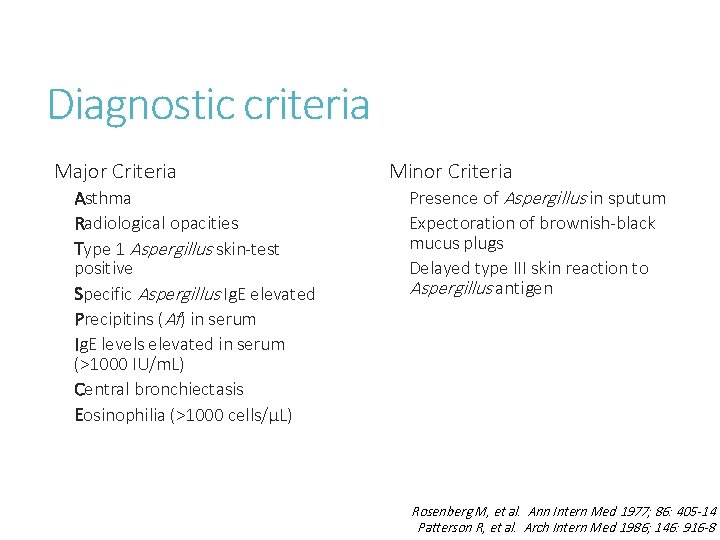 Diagnostic criteria Major Criteria Asthma Radiological opacities Type 1 Aspergillus skin-test positive Specific Aspergillus