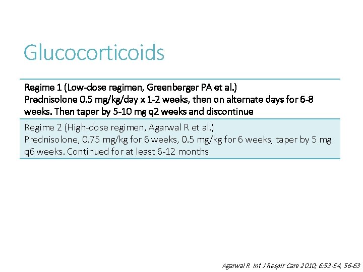 Glucocorticoids Regime 1 (Low-dose regimen, Greenberger PA et al. ) Prednisolone 0. 5 mg/kg/day