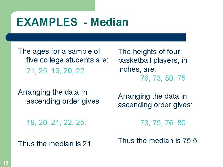 EXAMPLES - Median The ages for a sample of five college students are: 21,