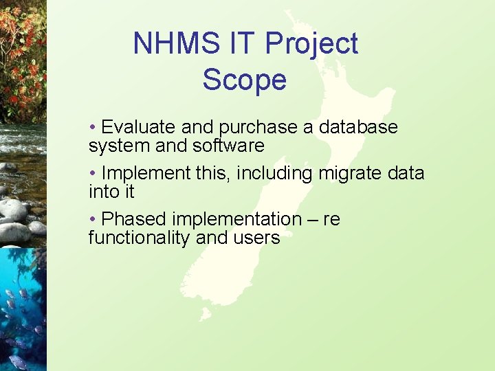 NHMS IT Project Scope • Evaluate and purchase a database system and software •