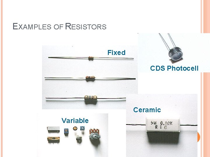 EXAMPLES OF RESISTORS Fixed CDS Photocell Ceramic Variable 