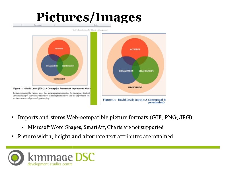 Pictures/Images • Imports and stores Web-compatible picture formats (GIF, PNG, JPG) • Microsoft Word