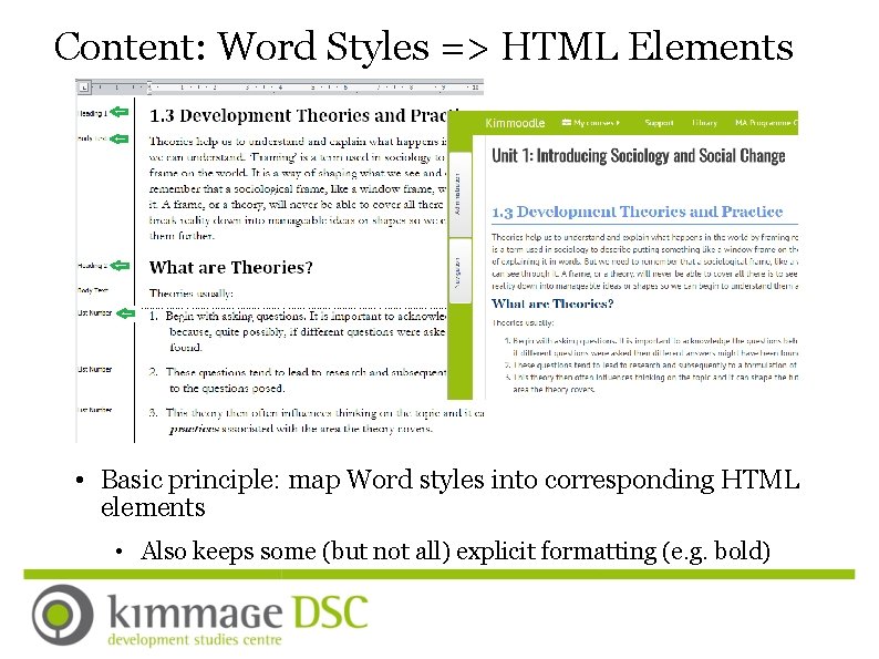 Content: Word Styles => HTML Elements • Basic principle: map Word styles into corresponding