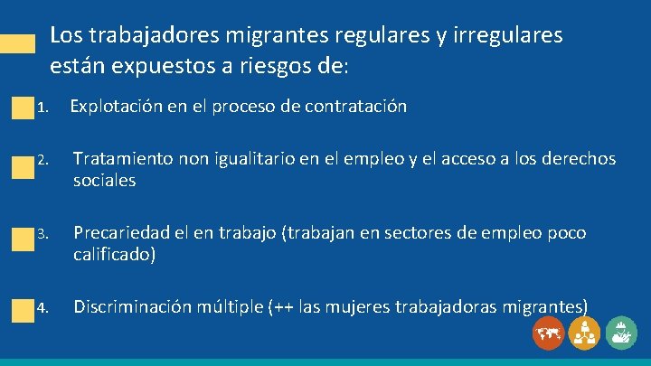 Los trabajadores migrantes regulares y irregulares están expuestos a riesgos de: 1. Explotación en