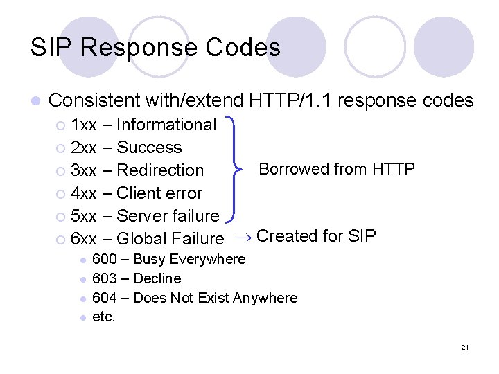 SIP Response Codes l Consistent with/extend HTTP/1. 1 response codes 1 xx – Informational