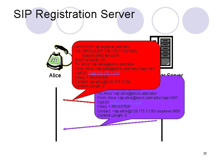 SIP Registration Server Alice REGISTER sip: registrar. udel. edu Via: SIP/2. 0/UDP 128. 175.