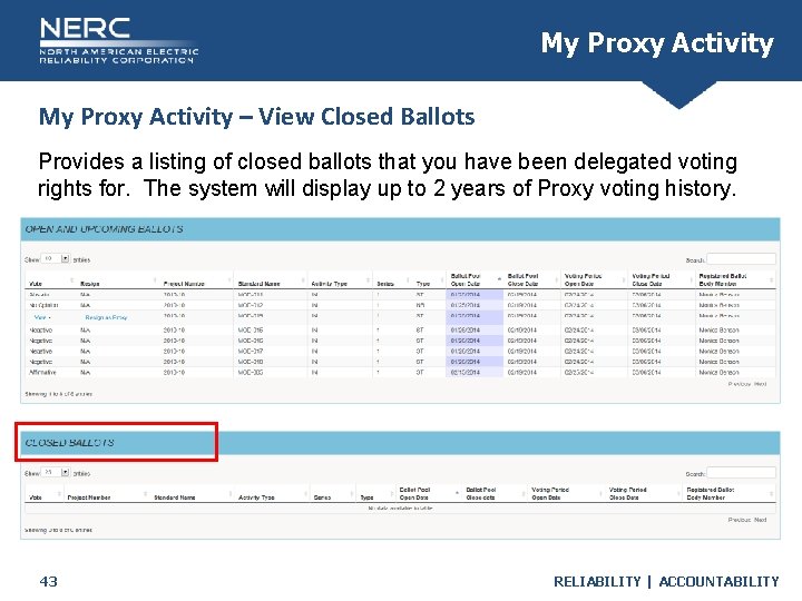 My Proxy Activity – View Closed Ballots Provides a listing of closed ballots that
