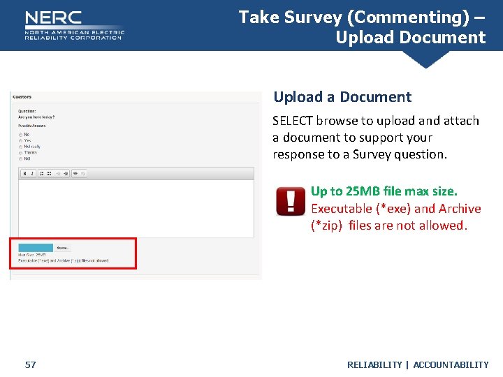 Take Survey (Commenting) – Upload Document Upload a Document SELECT browse to upload and
