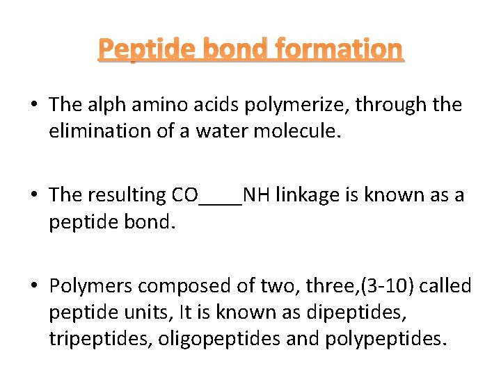 Peptide bond formation • The alph amino acids polymerize, through the elimination of a