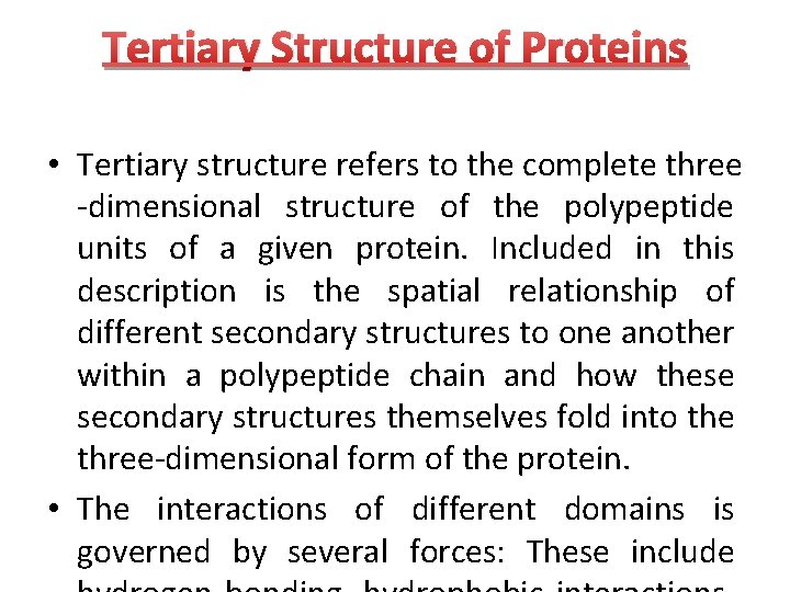 Tertiary Structure of Proteins • Tertiary structure refers to the complete three -dimensional structure