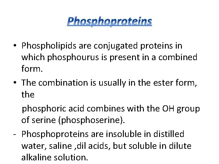  • Phospholipids are conjugated proteins in which phosphourus is present in a combined