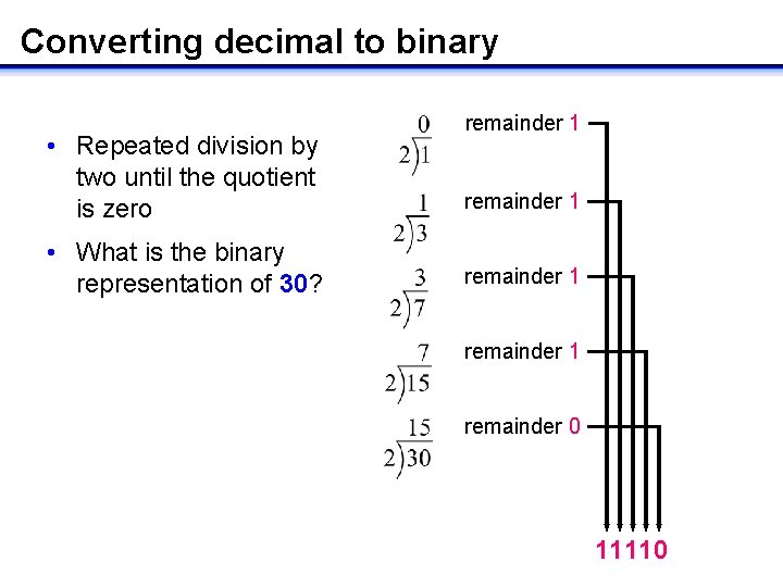 Converting decimal to binary remainder 1 • Repeated division by two until the quotient