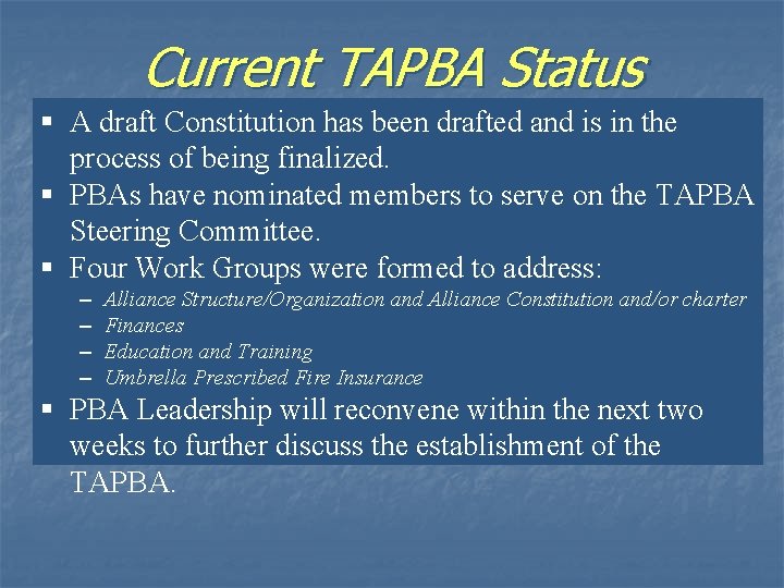 Current TAPBA Status § A draft Constitution has been drafted and is in the