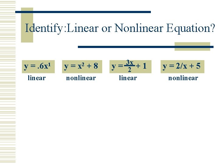 Identify: Linear or Nonlinear Equation? y =. 6 x 1 y = x 2