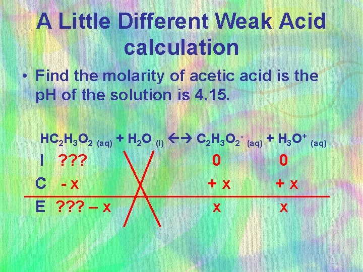 A Little Different Weak Acid calculation • Find the molarity of acetic acid is