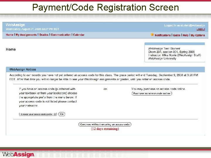 Payment/Code Registration Screen 