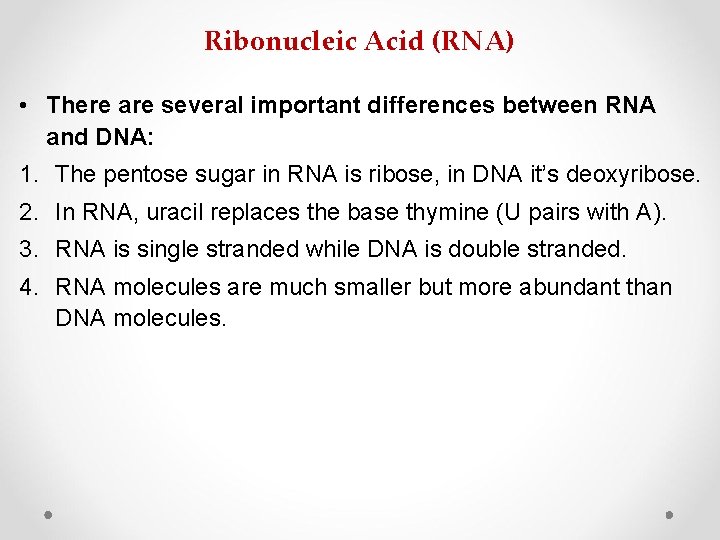 Ribonucleic Acid (RNA) • There are several important differences between RNA and DNA: 1.