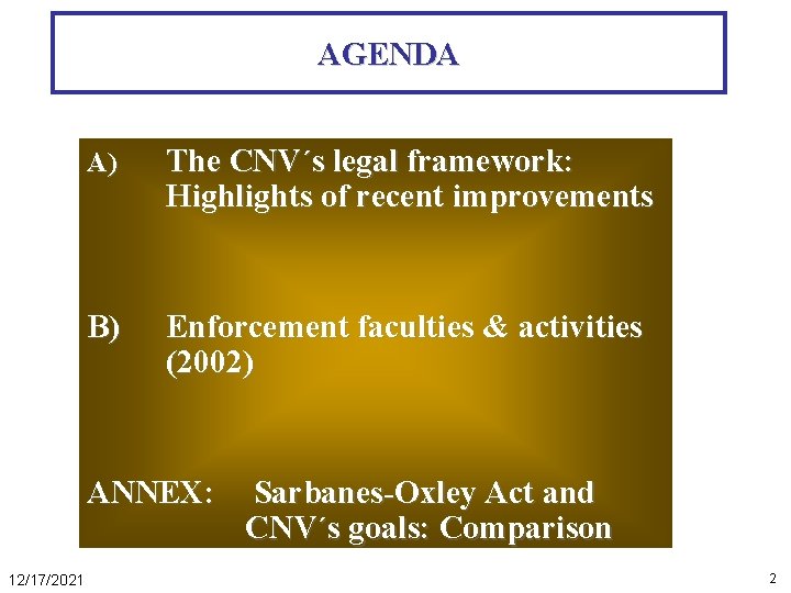 AGENDA A) The CNV´s legal framework: Highlights of recent improvements B) Enforcement faculties &