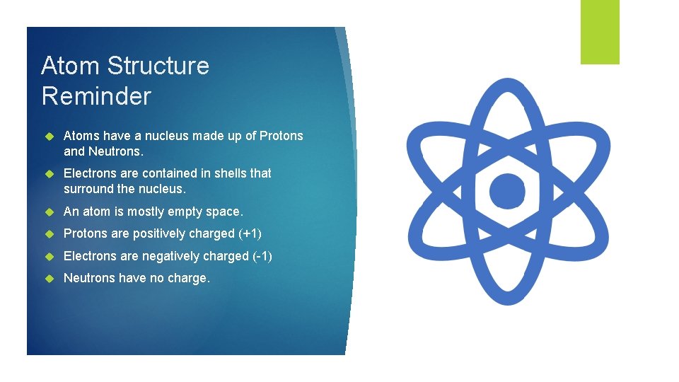 Atom Structure Reminder Atoms have a nucleus made up of Protons and Neutrons. Electrons