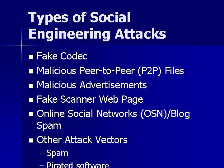 Types of Social Engineering Attacks Fake Codec n Malicious Peer-to-Peer (P 2 P) Files