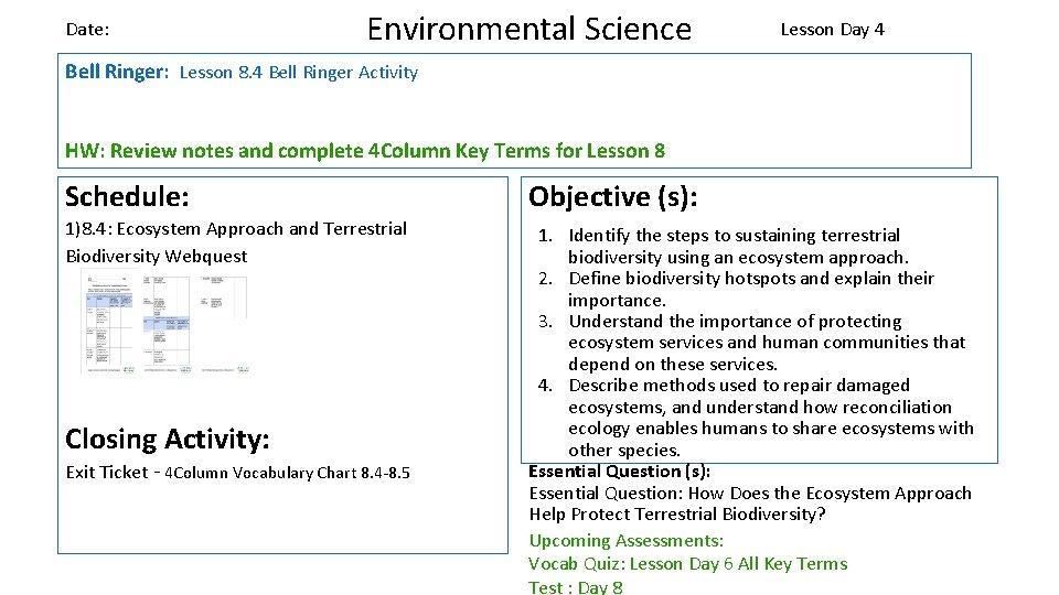 Date: Environmental Science Lesson Day 4 Bell Ringer: Lesson 8. 4 Bell Ringer Activity