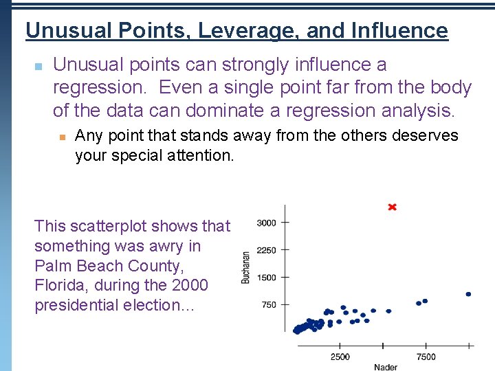 Unusual Points, Leverage, and Influence n Unusual points can strongly influence a regression. Even